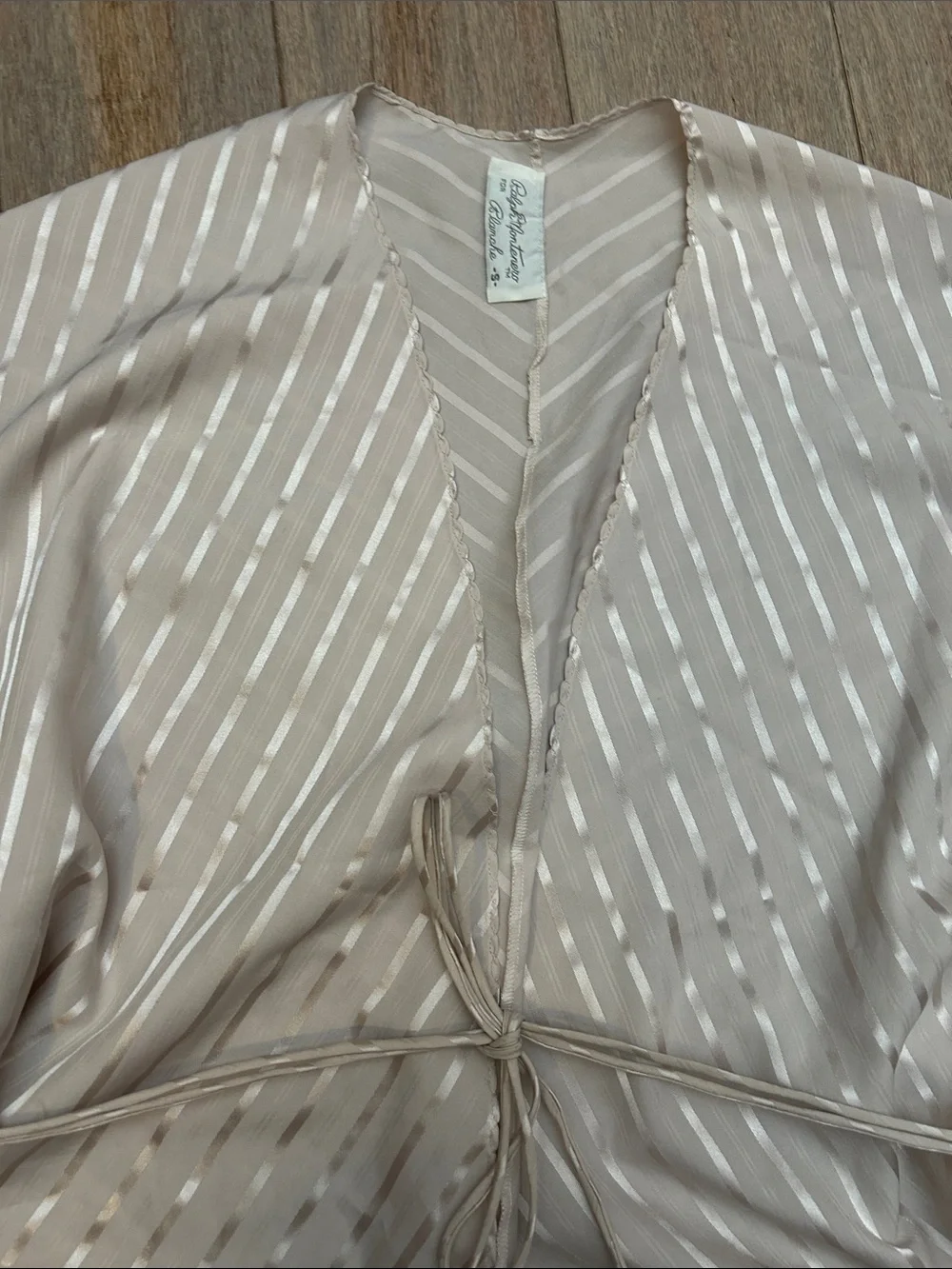 VTG Ralph Montenero Nylon Stripe Kimono Robe in Light Taupe with Tie Belt sz S